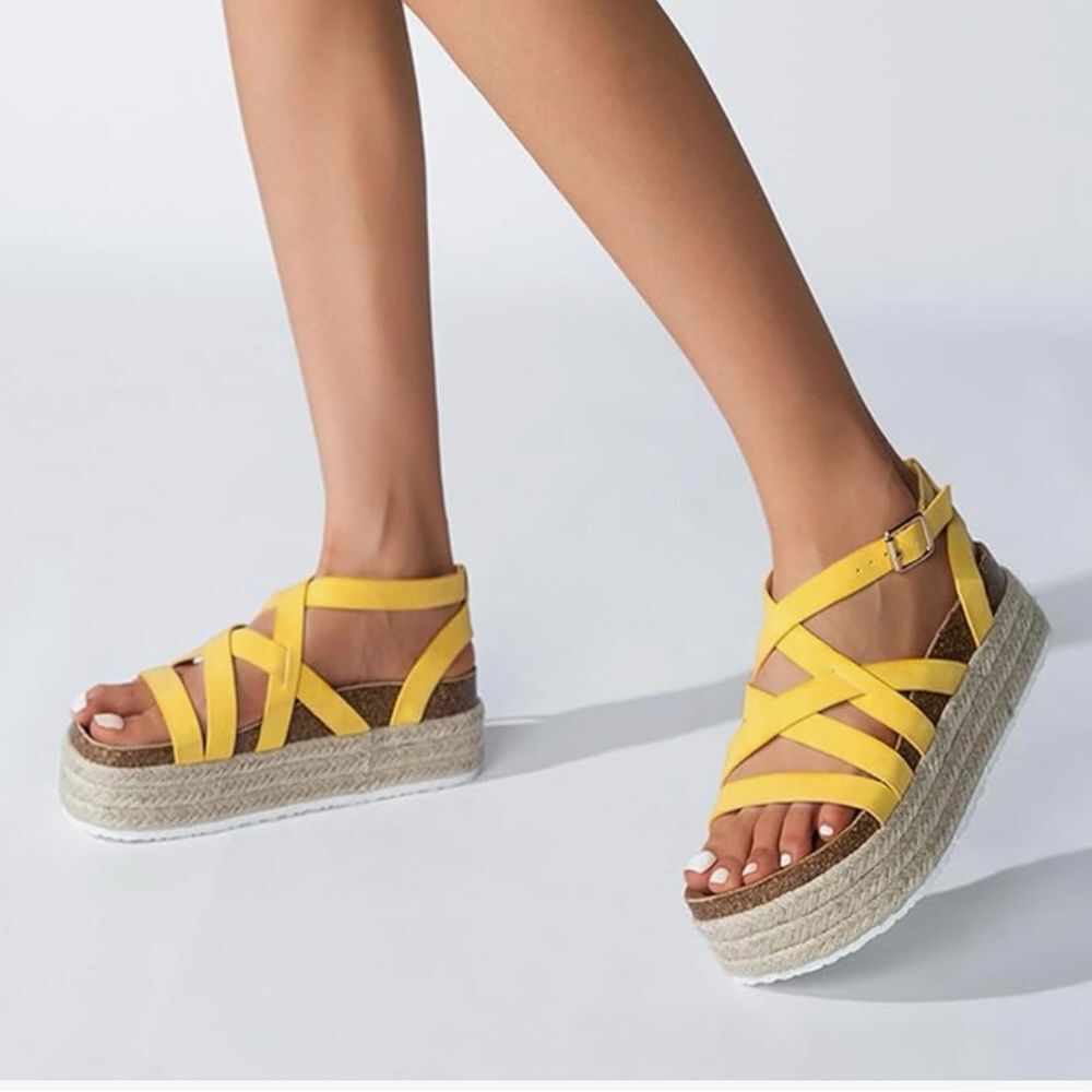 Yellow Strappy Espadrille Wedge Sandals